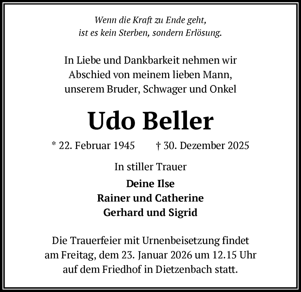  Traueranzeige für Udo Beller vom 17.01.2026 aus OFOP