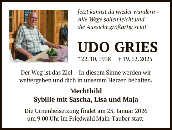 Traueranzeige von Udo Gries von OFOP