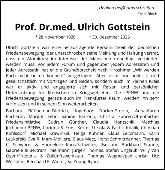 Traueranzeige von Ulrich Gottstein von FNP