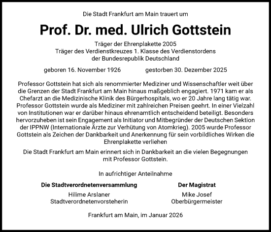 Traueranzeige von Ulrich Gottstein von FNP