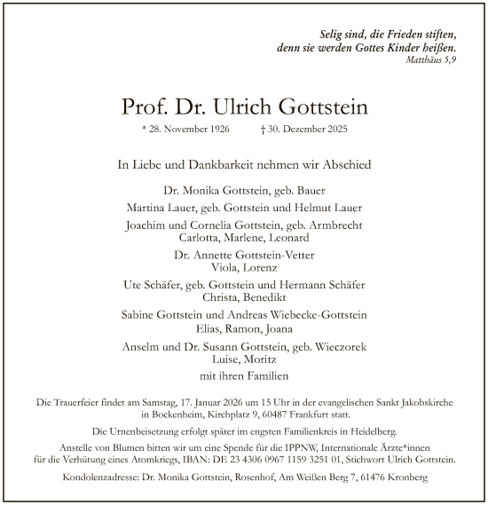 Traueranzeige von Ulrich Gottstein von FNP