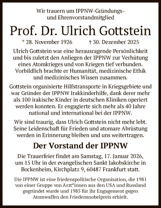 Traueranzeige von Ulrich Gottstein von FNP
