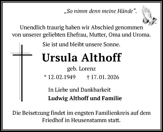 Traueranzeige von Ursula Althoff von OF0T