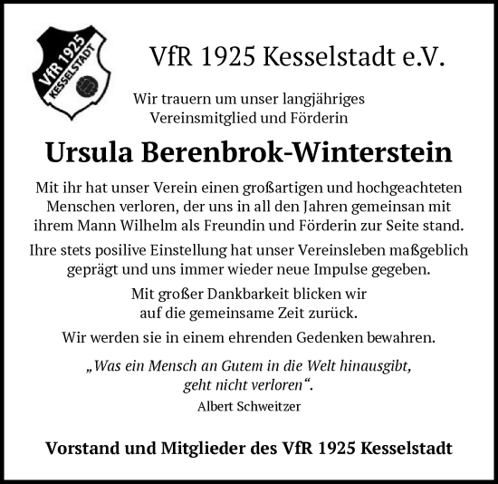 Traueranzeige von Ursula Berenbrok-Winterstein von OFHA
