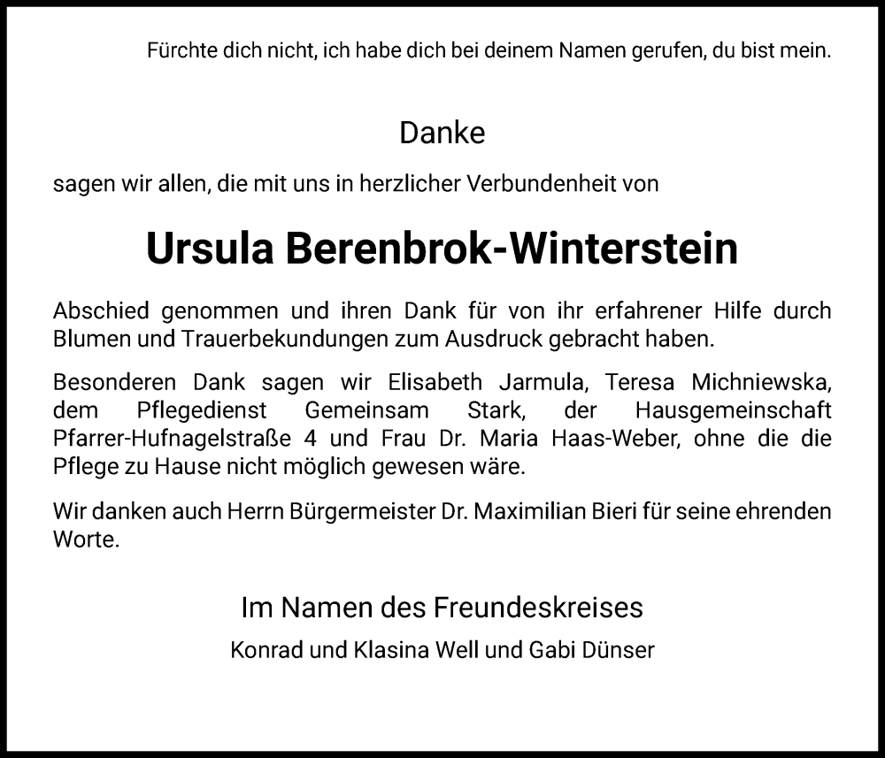  Traueranzeige für Ursula Berenbrok-Winterstein vom 10.01.2026 aus OFHA