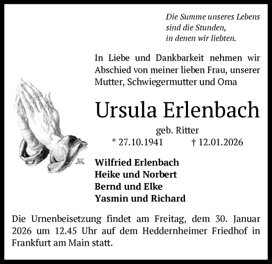 Traueranzeige von Ursula Erlenbach von FNP
