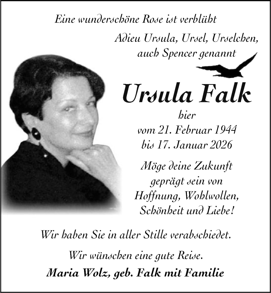  Traueranzeige für Ursula Falk vom 31.01.2026 aus FNP