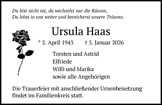 Traueranzeige von Ursula Haas von BOWO