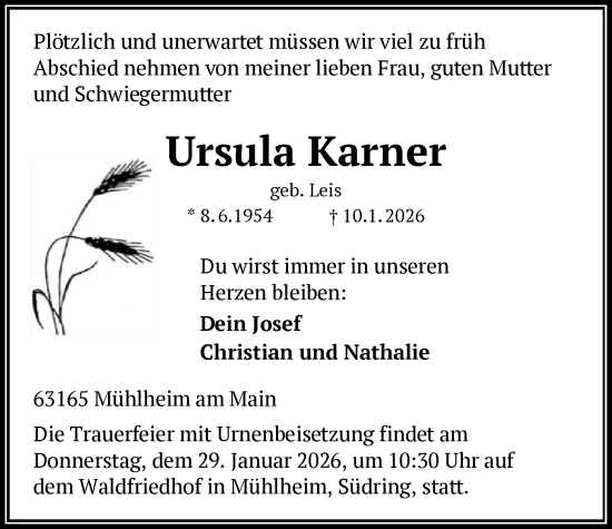 Traueranzeige von Ursula Karner von OFOP