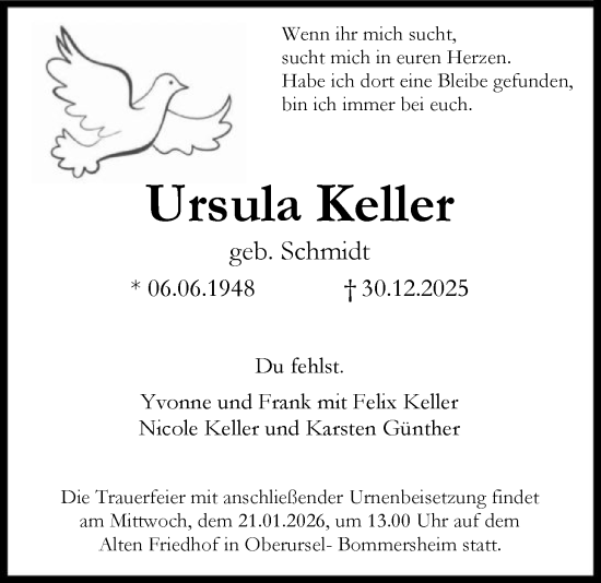 Traueranzeige von Ursula Keller von FNP