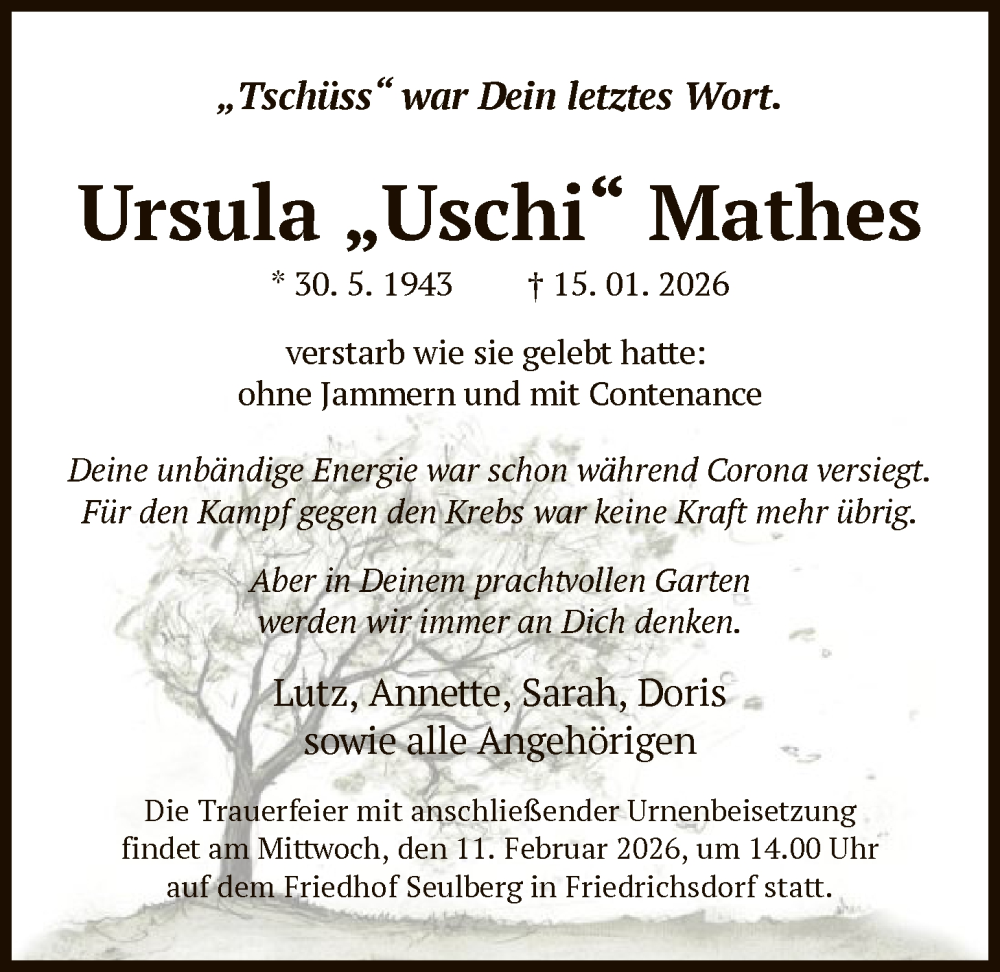  Traueranzeige für Ursula Mathes vom 31.01.2026 aus FNP