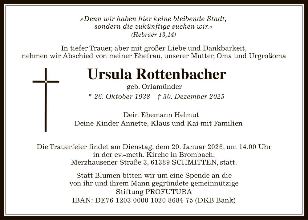  Traueranzeige für Ursula Rottenbacher vom 10.01.2026 aus FNP