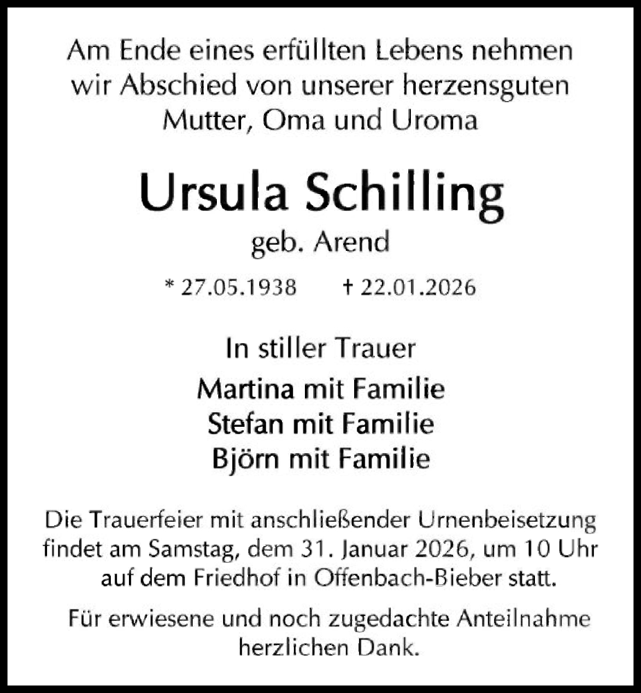  Traueranzeige für Ursula Schilling vom 24.01.2026 aus OFOP