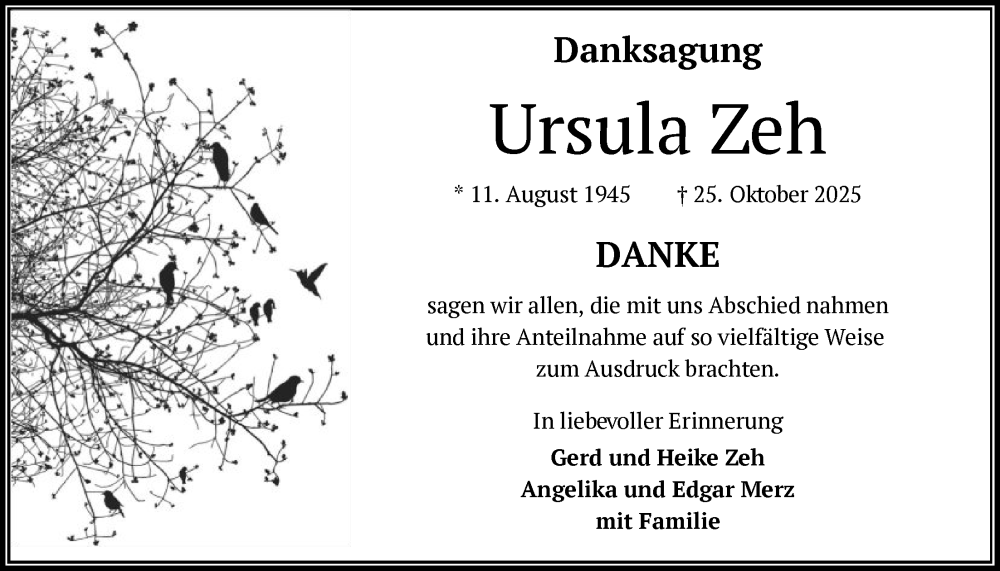  Traueranzeige für Ursula Zeh vom 17.01.2026 aus OFHA