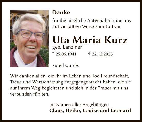 Traueranzeige von Uta Maria Kurz von OFOP