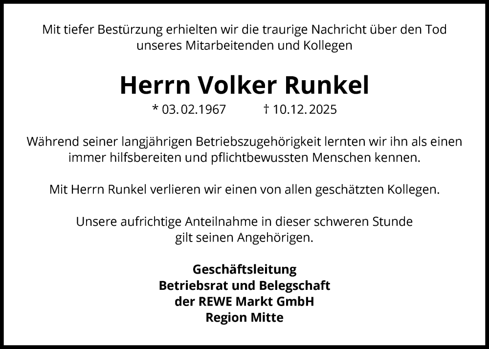  Traueranzeige für Volker Runkel vom 17.01.2026 aus FNP