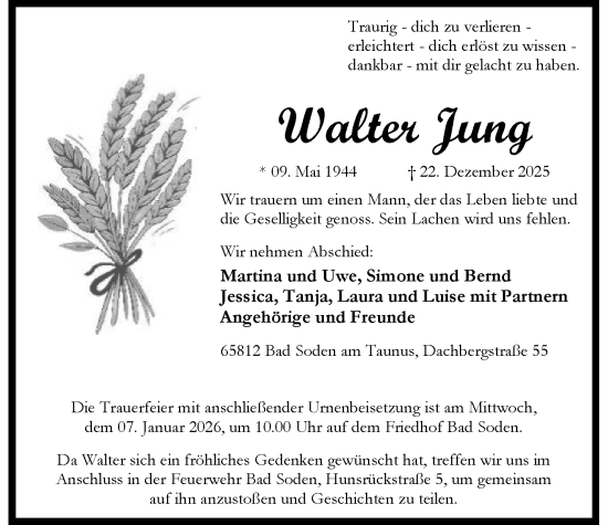 Traueranzeige von Walter Jung von FNP