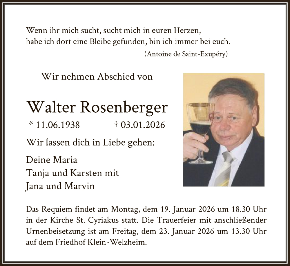  Traueranzeige für Walter Rosenberger vom 17.01.2026 aus OF0L