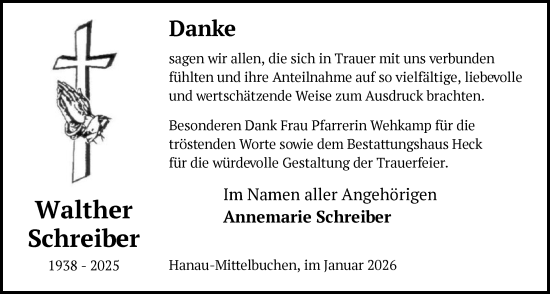 Traueranzeige von Walther Schreiber von OFHA