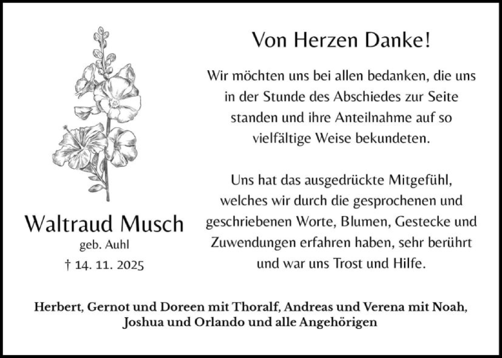  Traueranzeige für Waltraud Musch vom 17.01.2026 aus OFOP