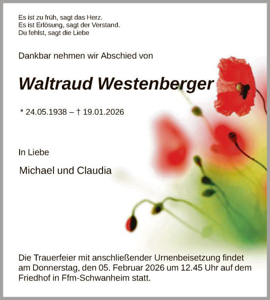 Traueranzeige von Waltraud Westenberger von FNP