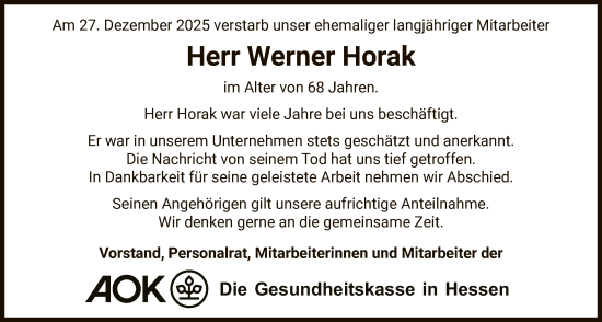Traueranzeige von Werner Horak von OFHA
