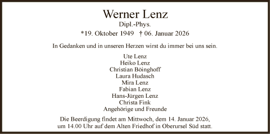 Traueranzeige von Werner Lenz von FNP