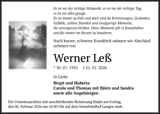 Traueranzeige von Werner Leß von OF0W