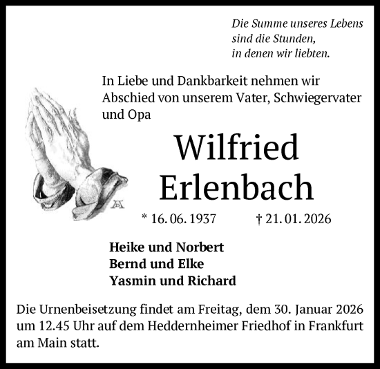 Traueranzeige von Wilfried Erlenbach von FNP