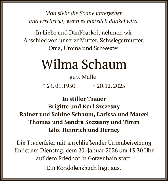 Traueranzeige von Wilma Schaum von OFOP