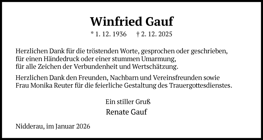  Traueranzeige für Winfried Gauf vom 03.01.2026 aus OFHA