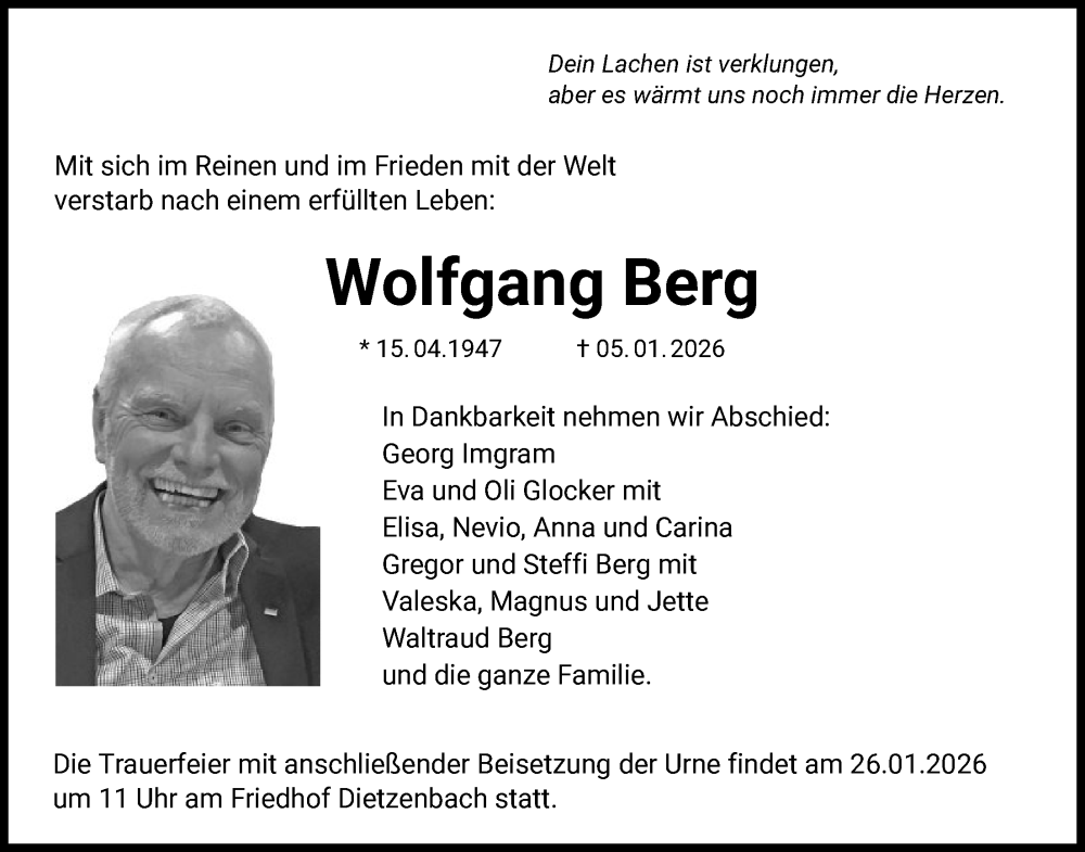  Traueranzeige für Wolfgang Berg vom 17.01.2026 aus OFOP