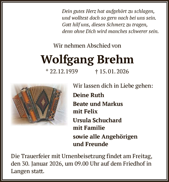 Traueranzeige von Wolfgang Brehm von OFOP