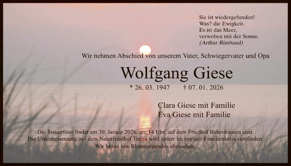  Traueranzeige für Wolfgang Giese vom 24.01.2026 aus OFOP