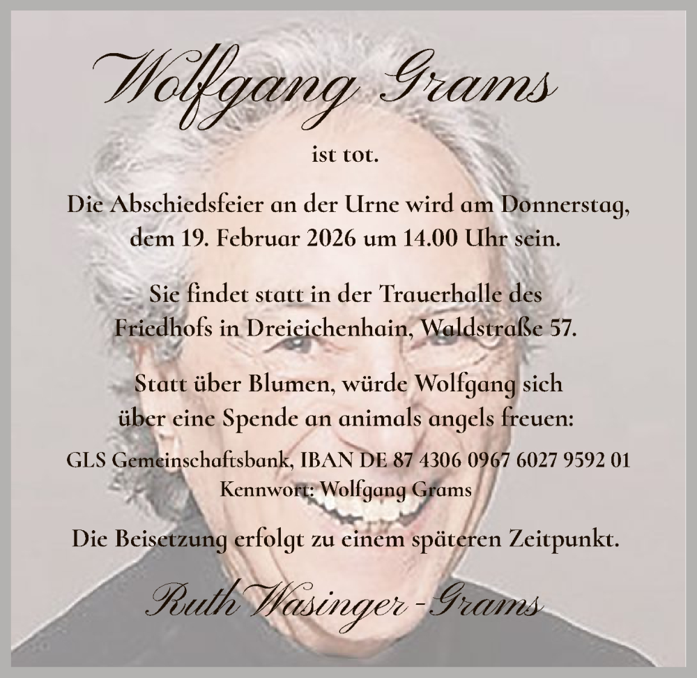  Traueranzeige für Wolfgang Grams vom 31.01.2026 aus OFOP