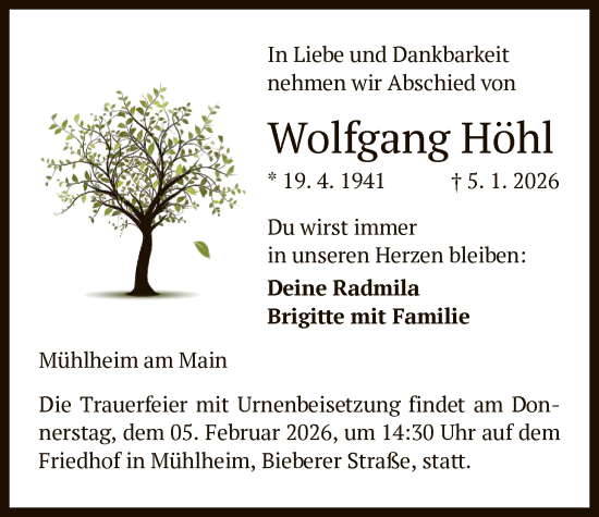 Traueranzeige von Wolfgang Höhl von OFOP