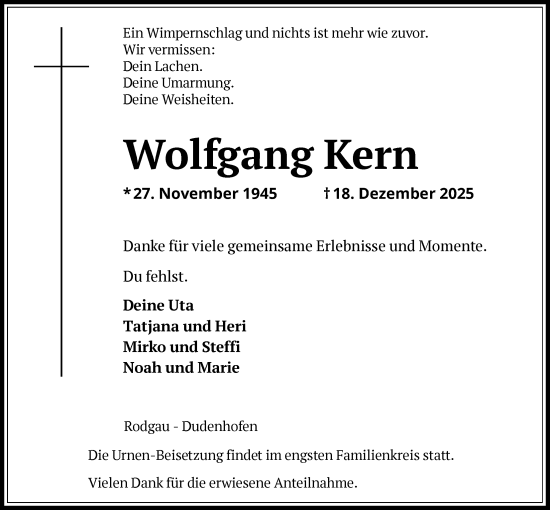 Traueranzeige von Wolfgang Kern von OFOP