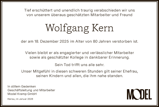 Traueranzeige von Wolfgang Kern von OFOP