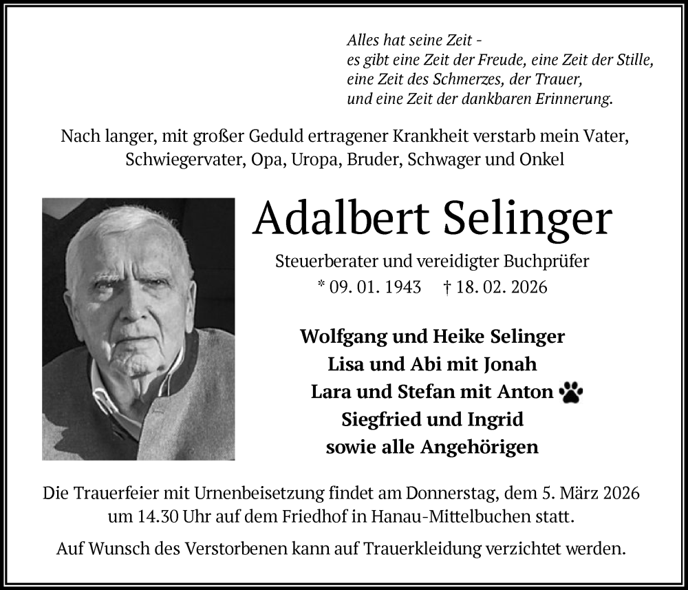  Traueranzeige für Adalbert Selinger vom 28.02.2026 aus OFHA