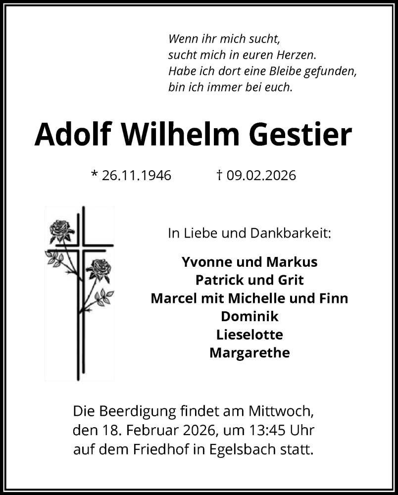  Traueranzeige für Adolf Wilhelm Gestier vom 14.02.2026 aus OF0W
