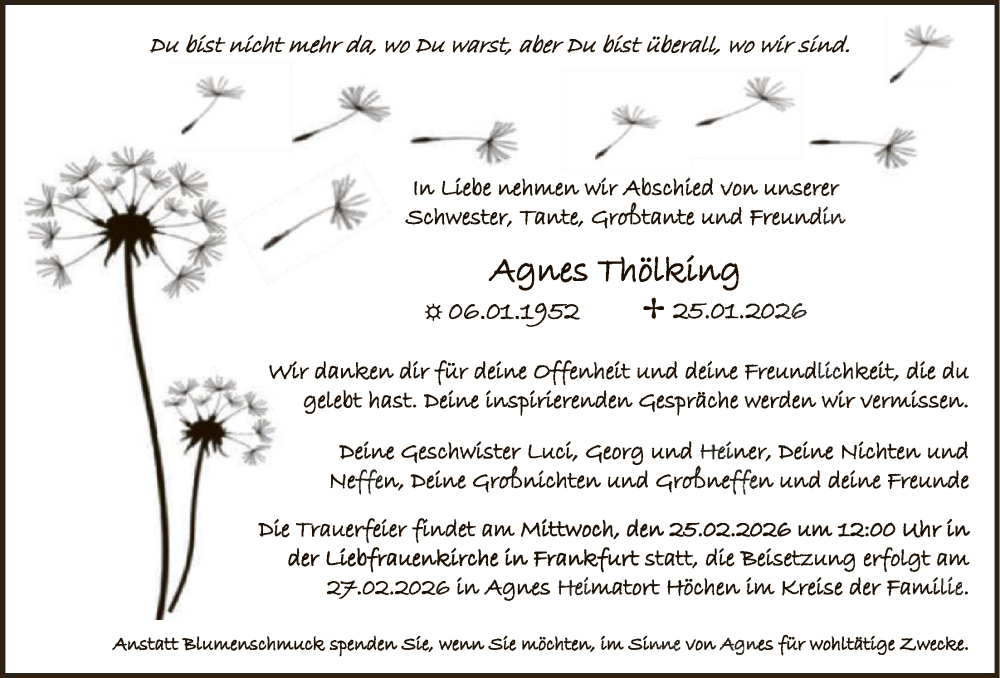  Traueranzeige für Agnes Thölking vom 14.02.2026 aus FNP