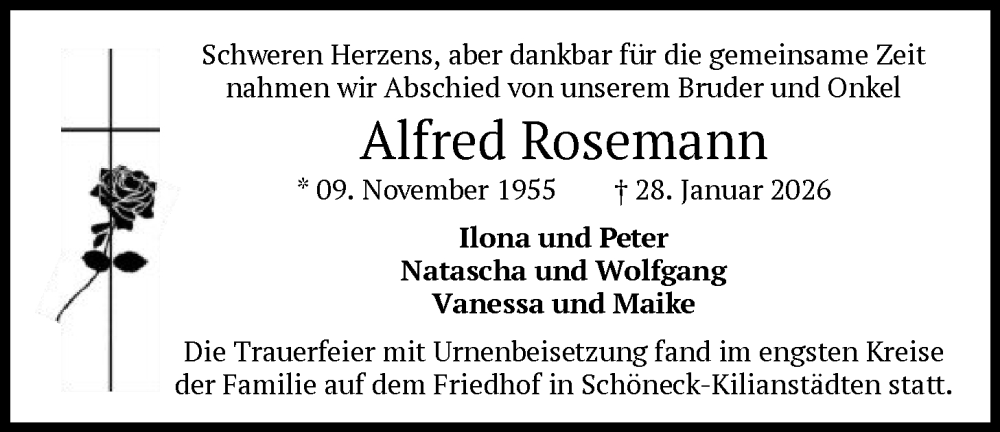  Traueranzeige für Alfred Rosemann vom 21.02.2026 aus OFHA