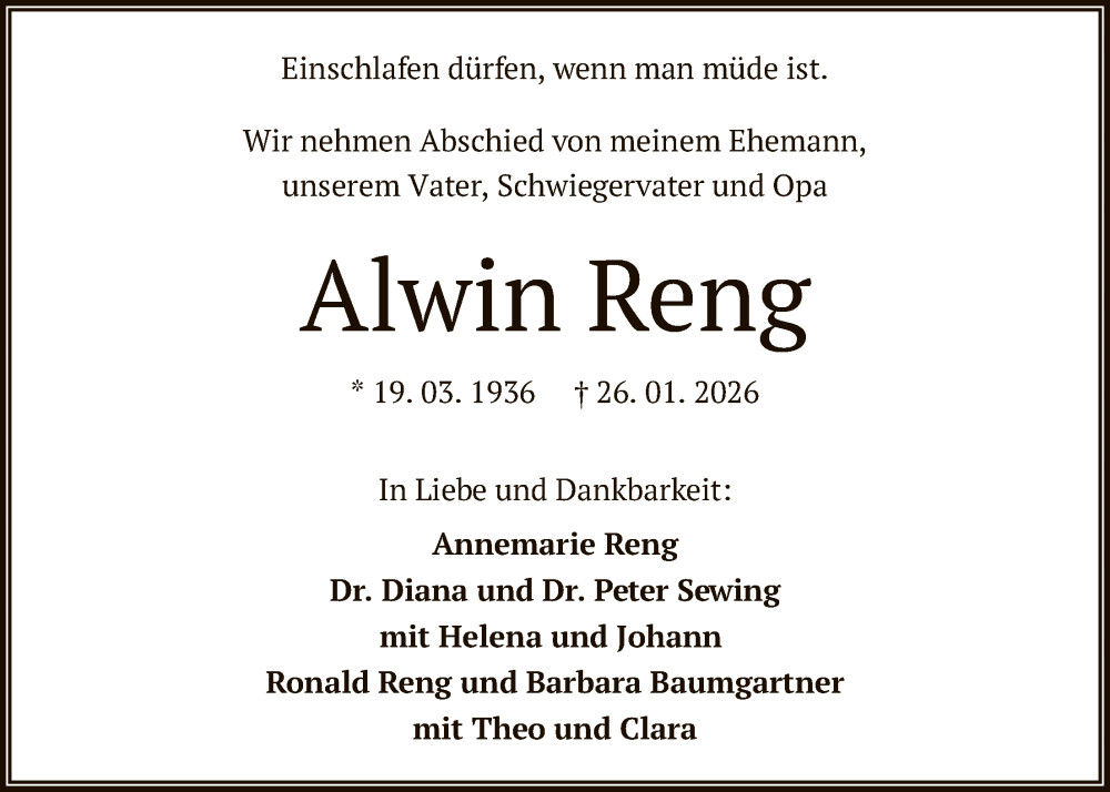  Traueranzeige für Alwin Reng vom 07.02.2026 aus FNP