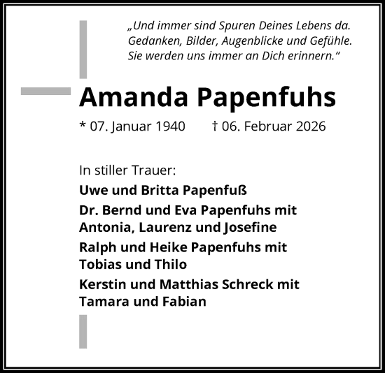 Traueranzeige von Amanda Papenfuhs von FNP