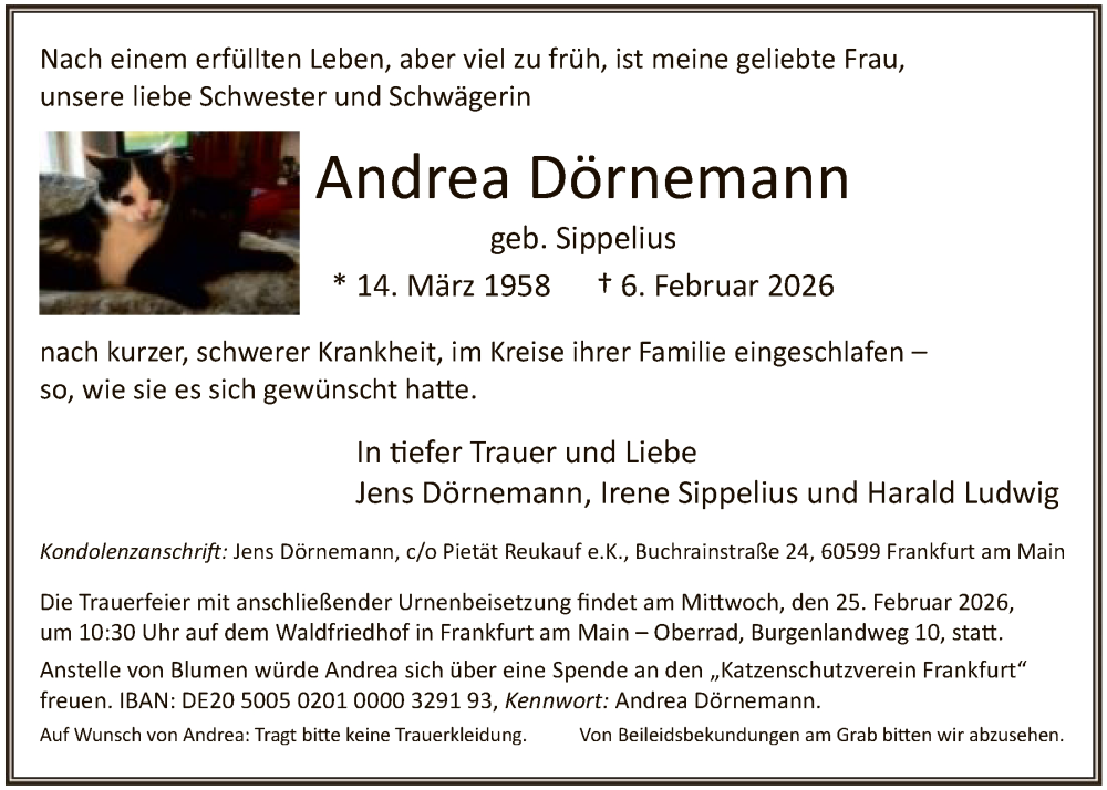  Traueranzeige für Andrea Dörnemann vom 21.02.2026 aus FNP