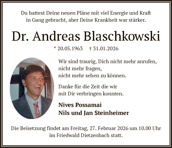Traueranzeige von Andreas Blaschkowski von OF0L