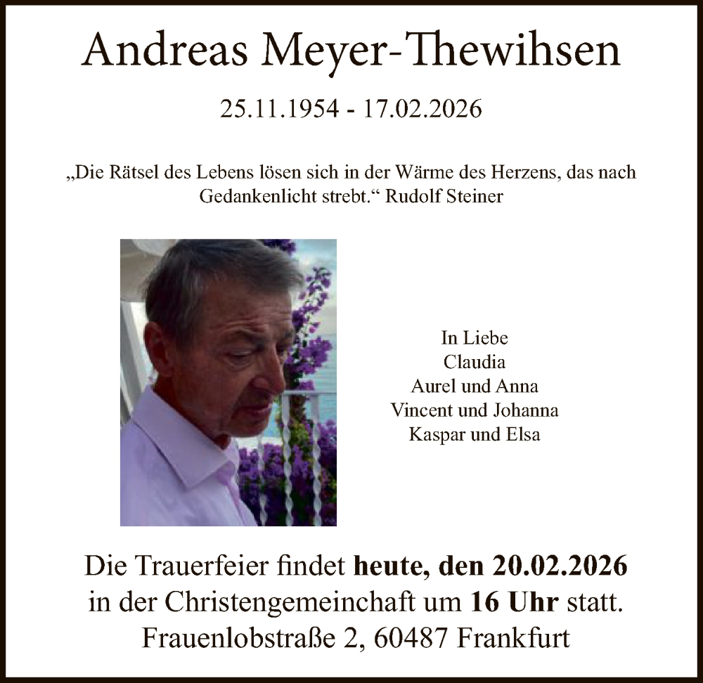  Traueranzeige für Andreas Meyer-Thewihsen vom 20.02.2026 aus FNP
