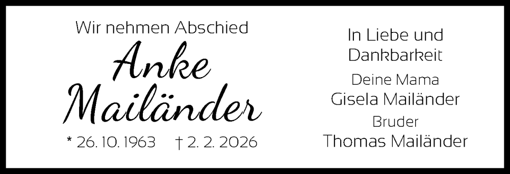  Traueranzeige für Anke Mailänder vom 28.02.2026 aus OFOP