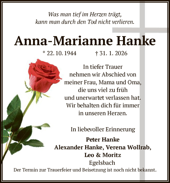 Traueranzeige von Anna-Marianne Hanke von OF0W