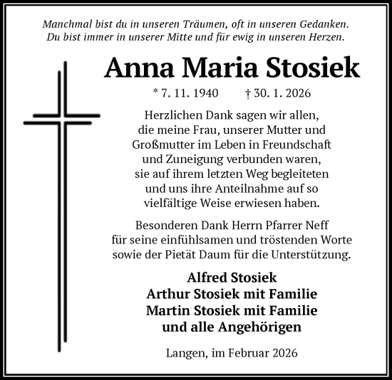 Traueranzeige von Anna Maria Stosiek von OF0W